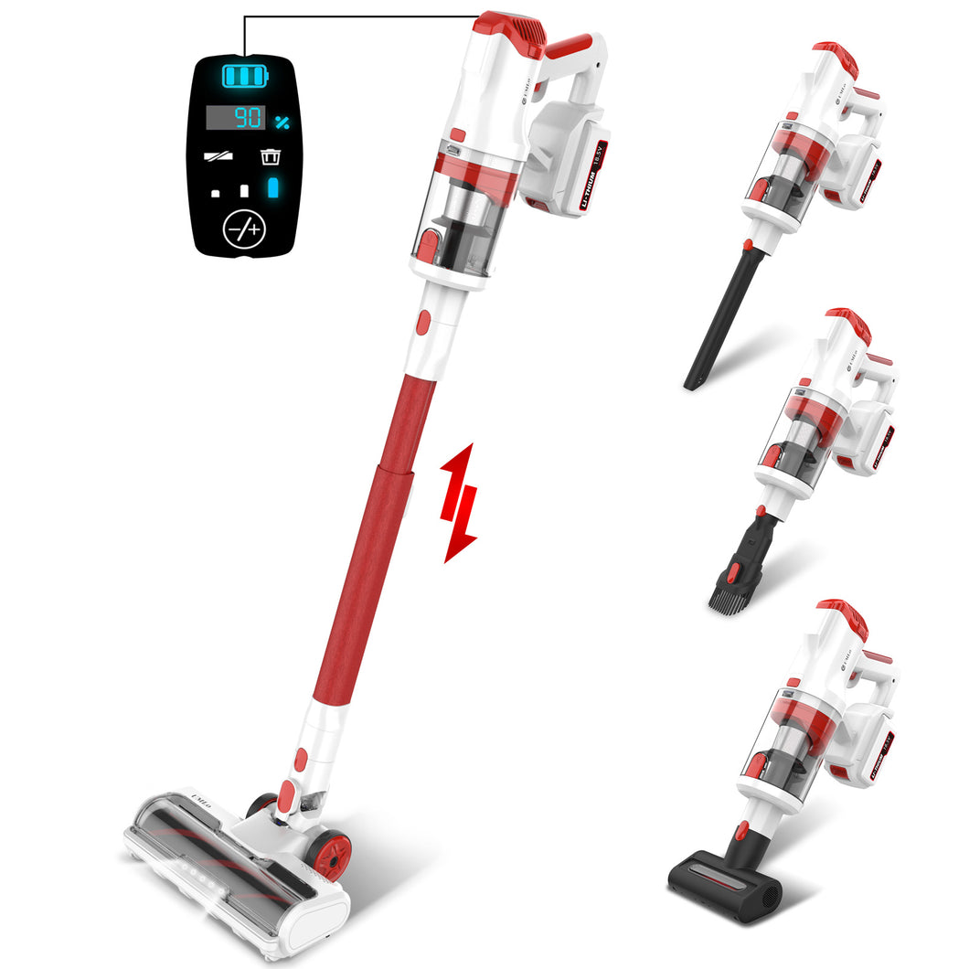 UMLo V111 Cordless Vacuum Cleaner with 265W Motor 25Kpa Powerful Suction, 4000mAh Rechargeable Battery, Up to 60min Runtime, 8 in 1 LED Dispaly, for Pet Hair Carpet Hard Floor, Red